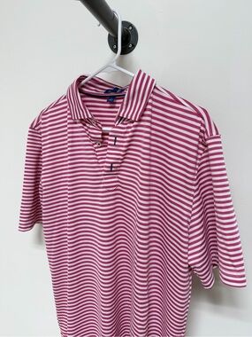Stitch Golf Men's Striped Polo Shirt in Pink and White